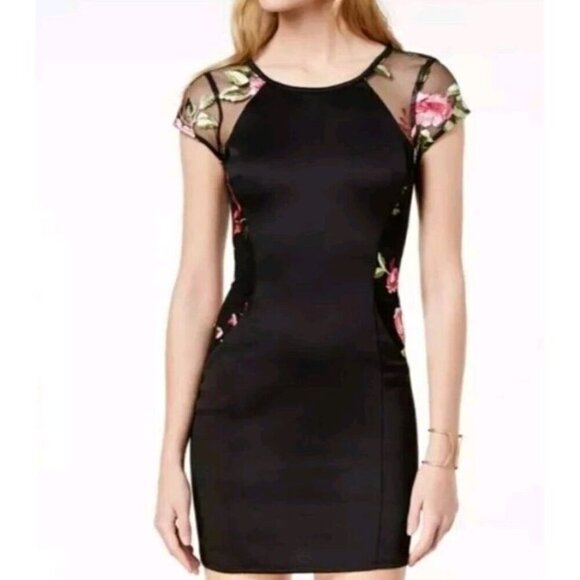 BCX Black Floral Bodycon Mini Dress - Size 5 Short Sleeve Party/Clubwear - Picture 3 of 13